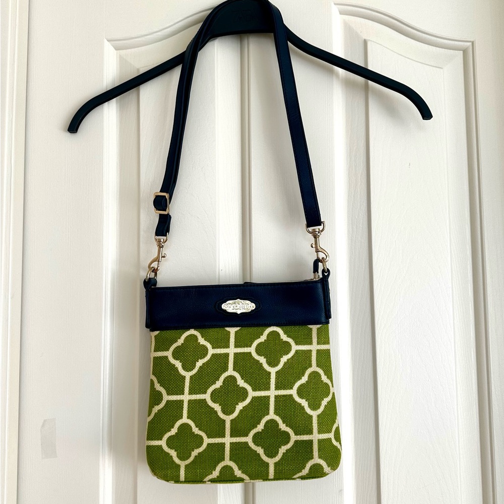 NWOT: Spartina 449 Crossbody Linen Leather Chartreuse Green Trellis Print